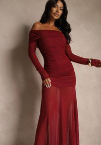 Renee - Bordowa Koktajlowa Sukienka z Prześwitującymi Rękawami i Marszczeniem Haludea. Okazja: na imprezę. Kolor: czerwony. Styl: wizytowy #3