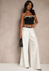 Renee - Białe Szerokie Spodnie High Waist z Wiskozą z Ozdobnymi Przeszyciami Linadia. Okazja: na co dzień. Stan: podwyższony. Kolor: biały. Materiał: wiskoza. Wzór: aplikacja. Styl: casual, elegancki