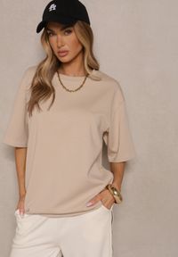 Renee - Jasnobeżowy Basicowy T-shirt z Bawełną Meronissea. Okazja: na co dzień. Kolor: beżowy. Materiał: bawełna. Styl: klasyczny, casual