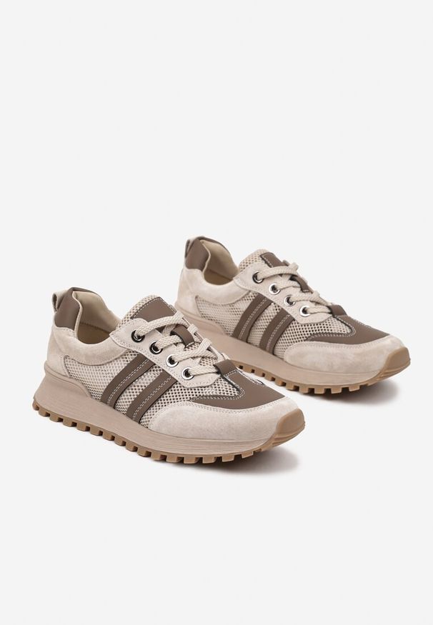 Renee - Beżowo-Brązowe Sneakersy z Wkładką ze Skóry Naturalnej w Paski Lenirna. Okazja: na co dzień. Zapięcie: pasek. Kolor: beżowy. Materiał: skóra. Wzór: paski