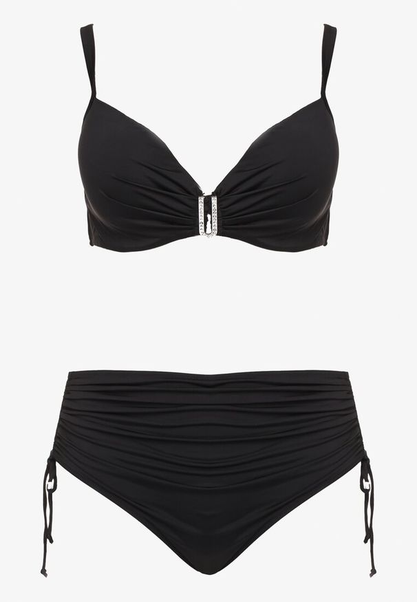 Born2be - Czarne Bikini Biustonosz z Marszczeniem i Majtki Figi ze Ściągaczami Kinevia. Kolekcja: plus size. Kolor: czarny