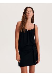 Reserved - Spódnica z ozdobnymi kamieniami - czarny. Kolor: czarny. Materiał: len, wiskoza, tkanina. Wzór: gładki #1