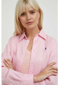 Polo Ralph Lauren koszula lniana kolor różowy regular z kołnierzykiem klasycznym. Okazja: na co dzień. Typ kołnierza: kołnierzyk klasyczny, polo. Kolor: różowy. Materiał: len. Wzór: gładki, aplikacja. Styl: klasyczny #1