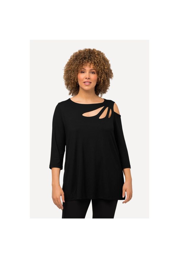 ULLA POPKEN - Damskie Bluzka wycięcia krój trapezowy dekolt w łódkę rękaw 3/4. Typ kołnierza: dekolt w łódkę. Kolekcja: plus size. Kolor: czarny. Materiał: wiskoza, elastan, materiał