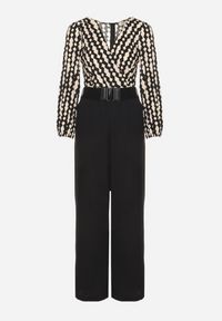 Born2be - Czarno-Beżowy Wzorzysty Kombinezon Kopertowy z Prostymi Nogawkami i Elastycznym Paskiem Tinadorae. Okazja: na co dzień. Kolor: czarny. Materiał: tkanina. Długość rękawa: długi rękaw. Długość: długie. Styl: casual, elegancki #7