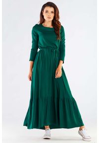 Awama - Maxi Sukienka z Długim Rękawem z Falbanką na Dole - Zielona. Kolor: zielony. Materiał: wiskoza, elastan. Długość rękawa: długi rękaw. Długość: maxi