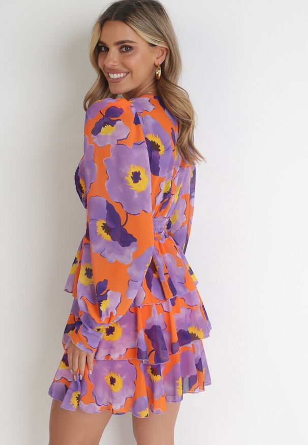 Born2be - Fioletowa Sukienka Mini z Cienkimi Gumkami w Pasie i Szerokimi Rękawami Jakaria. Okazja: na co dzień. Kolor: fioletowy. Typ sukienki: proste. Styl: casual. Długość: mini