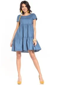 Tessita - Bawełniana Mini Sukienka z Owalnym Dekoltem - Niebieska. Kolor: niebieski. Materiał: bawełna. Długość: mini #1