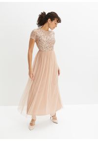 bonprix - Długa sukienka z aplikacją z cekinów. Kolor: różowy. Wzór: aplikacja. Długość: maxi #1