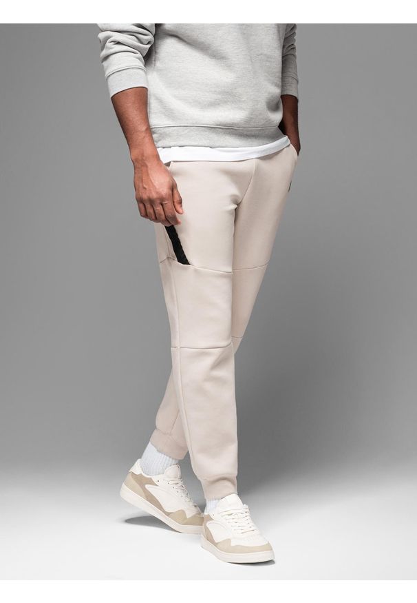 Ombre Clothing - Męskie spodnie dresowe ze ściągaczami i ozdobnym zamkiem – piaskowe V6 - Rozmiar: M. Materiał: dresówka. Styl: sportowy, elegancki