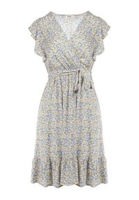 Born2be - Niebiesko-Żółta Sukienka z Paskiem Katista. Typ kołnierza: kołnierz z falbankami. Kolor: niebieski. Materiał: wiskoza, materiał, tkanina. Długość rękawa: bez rękawów. Wzór: kwiaty, nadruk. Sezon: lato. Typ sukienki: kopertowe. Długość: mini #3