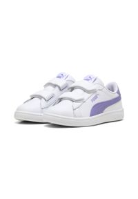 Puma - Dziecięce skórzane sneakersy Smash 3.0 V PUMA White Lavender Alert Purple. Kolor: fioletowy, niebieski, wielokolorowy, biały. Materiał: skóra. Sport: turystyka piesza