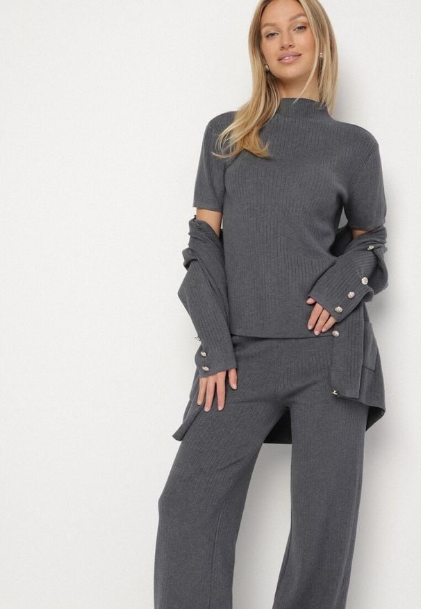 Born2be - Szary Dzianinowy Komplet z Bawełną Spodnie Kardigan i Bluzka z Golfem Ralinada. Kolor: szary. Materiał: dzianina, bawełna