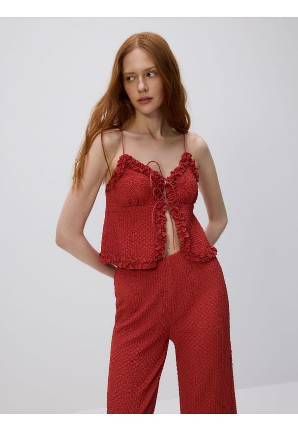 Reserved - Dzianinowy top na ramiączkach - karminowy. Kolor: czerwony. Materiał: dzianina. Długość rękawa: na ramiączkach