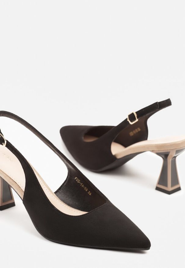 Renee - Czarne Sandały Vices na Kaczuszce Typu Slingback Edilitha. Okazja: na co dzień. Zapięcie: sprzączka. Kolor: czarny. Materiał: koronka. Wzór: aplikacja. Obcas: na szpilce. Styl: casual. Wysokość obcasa: średni
