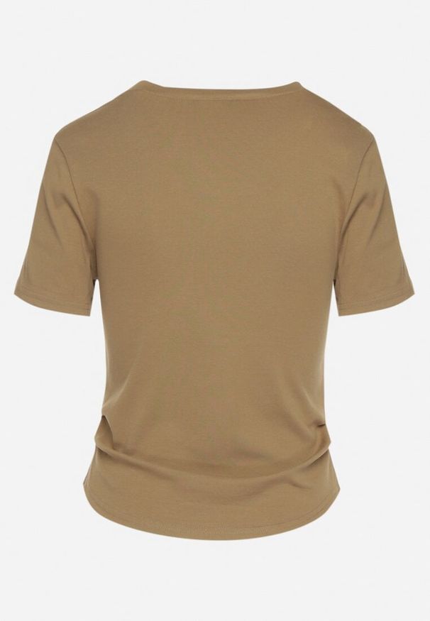 Born2be - Ciemnozielony Bawełniany T-shirt Ozdobiony Marszczeniem i Łańcuszkiem Olitrea. Okazja: na co dzień. Kolor: zielony. Materiał: bawełna. Wzór: aplikacja. Styl: casual