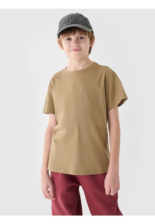 4f - 4F T-shirt gładki dziewczęcy - beżowy 140 (9-10 lat). Okazja: na co dzień. Kolor: beżowy. Materiał: dzianina, bawełna, jersey. Długość rękawa: krótki rękaw. Długość: krótkie. Wzór: gładki. Sezon: lato. Styl: casual, klasyczny, sportowy
