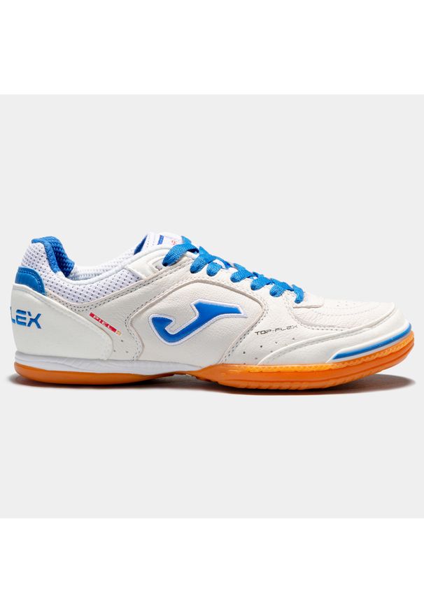 Buty piłkarskie męskie Joma Top Flex 2301 Indoor. Zapięcie: sznurówki. Kolor: biały, niebieski, wielokolorowy. Materiał: materiał, syntetyk, guma, skóra. Szerokość cholewki: normalna. Sport: piłka nożna