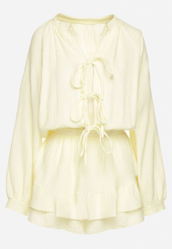 Born2be - Żółty Wiązany Bawełniany Kombinezon Boho z Falbankami i Wiązaniem Lalelia. Okazja: na co dzień, na imprezę. Kolor: żółty. Materiał: bawełna. Sezon: lato. Styl: boho