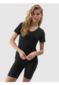4f - 4F T-shirt gładki z bawełną organiczną damski - czarny M. Okazja: na co dzień. Typ kołnierza: dekolt w serek. Kolor: czarny. Materiał: bawełna. Wzór: gładki. Styl: sportowy, casual