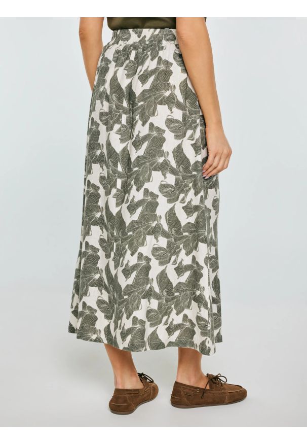 Big-Star - Spódnica damska lniana midi w roślinny wzór Roliana 000. Kolor: wielokolorowy. Materiał: len. Styl: elegancki, wizytowy
