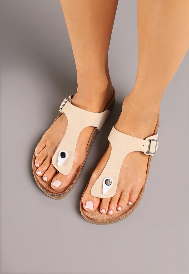 Renee - Beżowe Klapki Japonki na Podeszwie z Imitacji Korka Idessa. Okazja: na spacer, na plażę, na randkę, na co dzień. Kolor: beżowy. Materiał: jeans. Sezon: lato. Styl: elegancki, casual