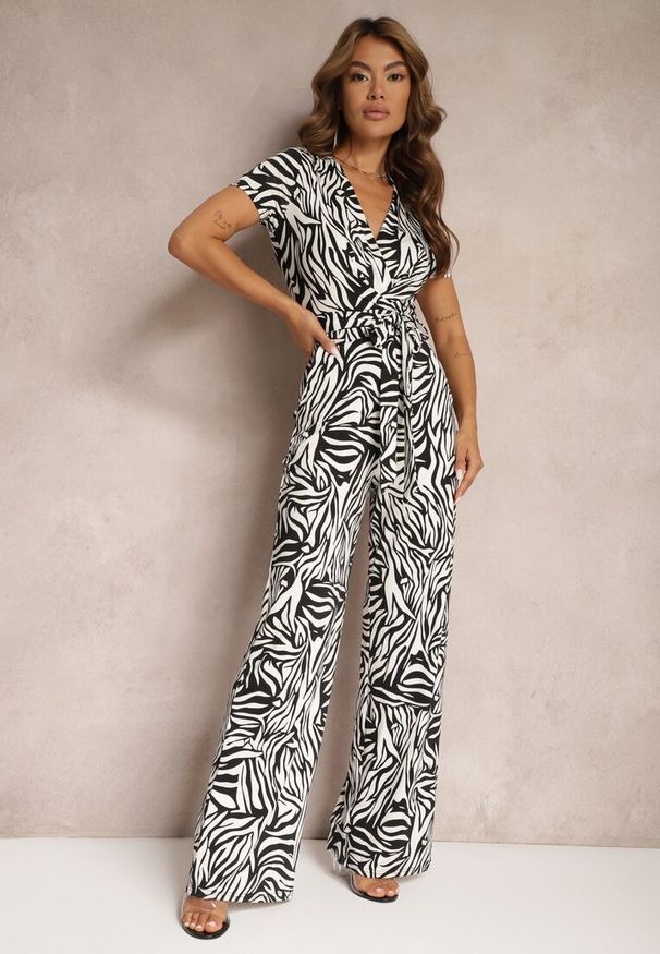 Renee - Czarno-Biały Kopertowy Kombinezon Taliowany z Szerokimi Nogawkami Talamla. Okazja: na co dzień. Kolor: czarny. Styl: casual, elegancki