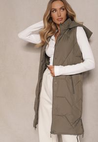 Renee - Ciemnozielona Kamizelka z Pikowaniem Ściągaczami i Kapturem z Możliwością Odpięcia Norinvia. Kolor: zielony. Materiał: jeans, dzianina. Styl: sportowy #5