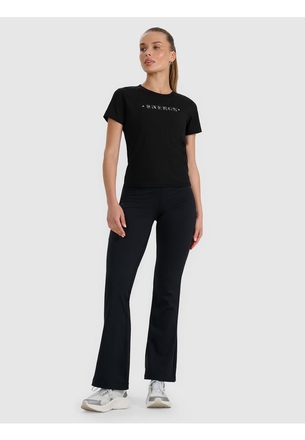 4f - 4F T-shirt slim z nadrukiem damski - czarny XS. Okazja: na co dzień. Kolor: czarny. Materiał: bawełna, elastan, jersey, materiał. Długość rękawa: raglanowy rękaw. Wzór: nadruk. Styl: klasyczny, sportowy, casual