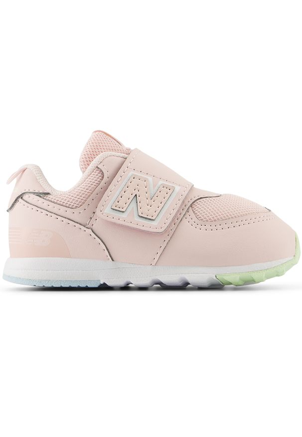 Buty niemowlęce New Balance NW574MSE - różowe. Okazja: na co dzień. Zapięcie: rzepy. Kolor: różowy. Materiał: materiał, syntetyk. Szerokość cholewki: normalna. Wzór: kolorowy. Model: New Balance 574