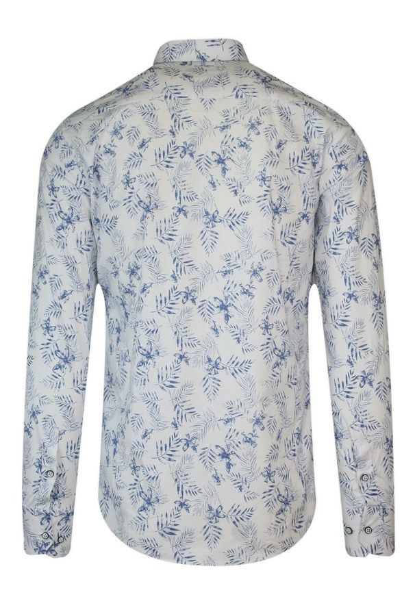 Koszula Biało-Niebieska w Palmy, Liście, Męska Długi Rękaw, Slim Fit, Taliowana -TO-ON. Okazja: na spotkanie biznesowe, do pracy. Kolor: niebieski. Materiał: bawełna, elastan. Długość rękawa: długi rękaw. Długość: długie. Wzór: aplikacja. Styl: elegancki, biznesowy, wizytowy