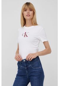 Calvin Klein Jeans t-shirt bawełniany kolor biały. Okazja: na co dzień. Kolor: biały. Materiał: bawełna. Wzór: nadruk. Styl: casual