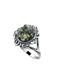 Polcarat Design - Srebrny pierścionek z zielonym bursztynem PK 1661. Materiał: srebrne. Kolor: srebrny, wielokolorowy, zielony. Kamień szlachetny: bursztyn #1