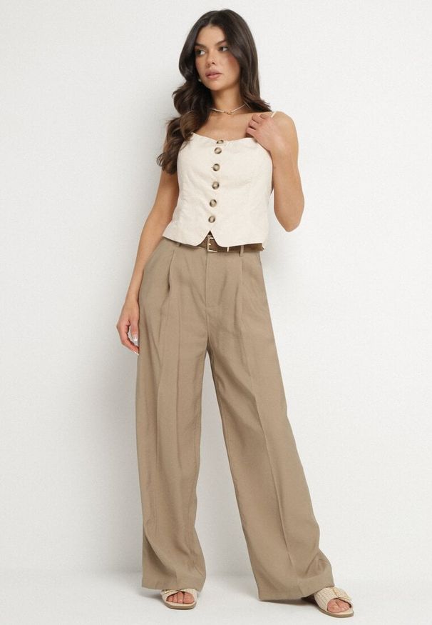Born2be - Beżowe Spodnie o Garniturowym Kroju z Szeroką Nogawką i Wysokim Stanem Efrimera. Stan: podwyższony. Kolor: beżowy. Styl: elegancki