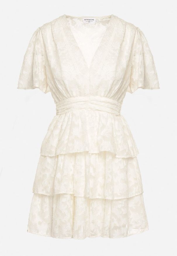 Born2be - Jasnobeżowa Rozkloszowana Sukienka z Trójkątnym Dekoltem z Gumką w Pasie i Falbankami Crapia. Okazja: na spacer. Typ kołnierza: kołnierz z falbankami. Kolor: beżowy. Długość rękawa: krótki rękaw. Styl: wizytowy