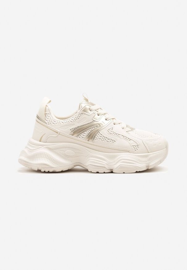 Renee - Beżowe Sneakersy na Platformie z Tłoczeniem i Metaliczną Ozdobą Alarella. Okazja: na co dzień. Kolor: beżowy. Materiał: jeans. Wzór: aplikacja. Obcas: na platformie