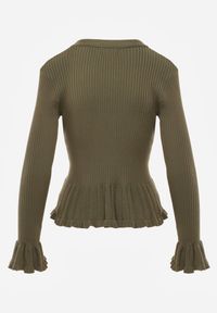 Renee - Zielony Wiskozowy Kardigan w Prążki z Falbankami i Guzikami z Cyrkoniami Danareia. Okazja: na co dzień, na imprezę. Typ kołnierza: kołnierz z falbankami. Kolor: zielony. Materiał: wiskoza. Wzór: prążki. Styl: casual #3