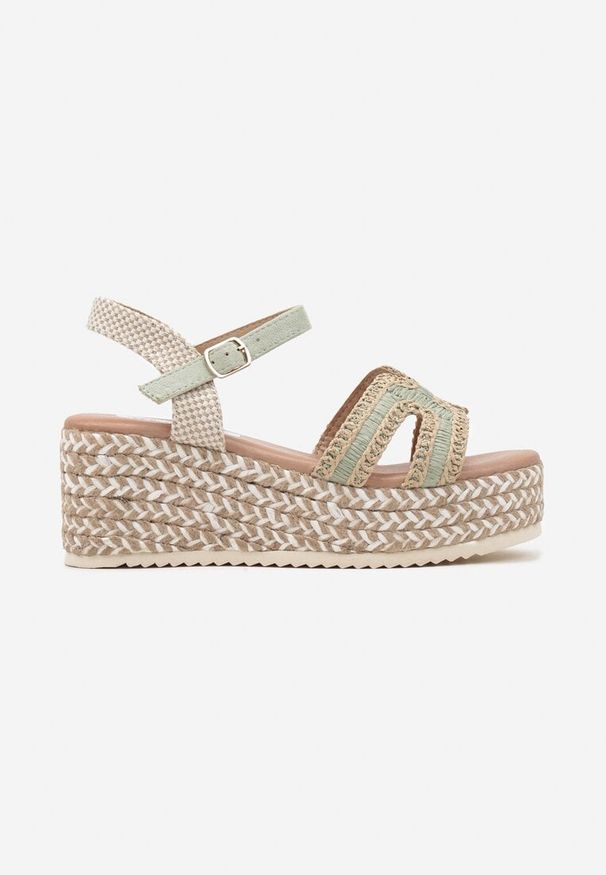Renee - Zielone Sandały w Stylu Boho na Plecionym Koturnie Galtia. Okazja: na plażę, na spacer. Zapięcie: sprzączka. Kolor: zielony. Obcas: na koturnie. Styl: boho