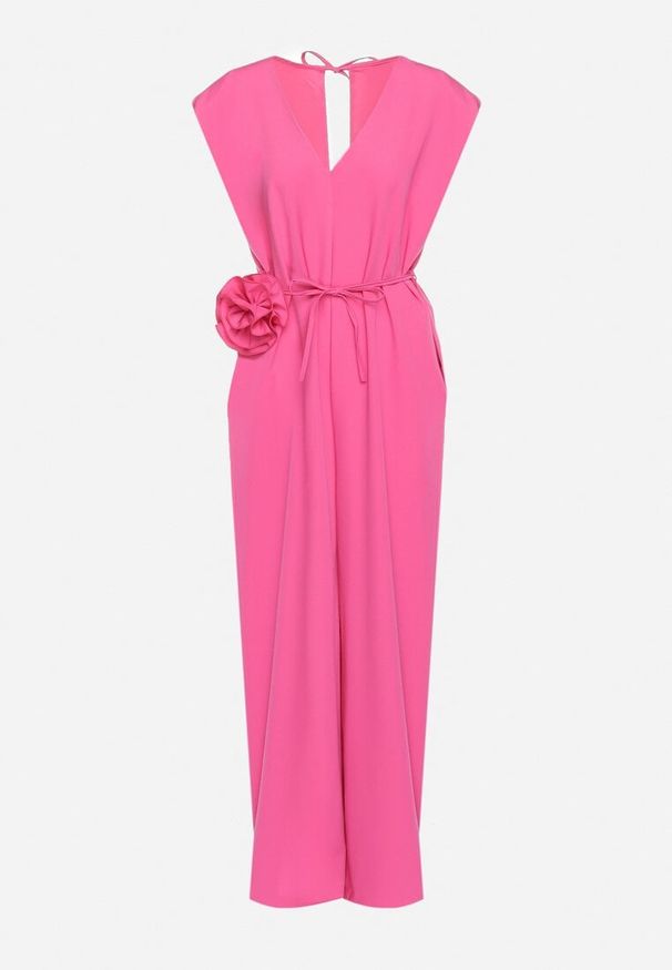 Born2be - Różowy Wiązany Kombinezon z Prostymi Nogawkami i Wiskozą oraz Kwiatową Aplikacją Dimenna. Kolor: różowy. Materiał: wiskoza. Wzór: kwiaty, aplikacja. Styl: elegancki