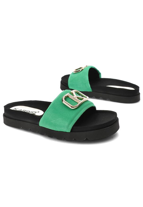 Zielone Klapki Karino Modne Skórzane Buty. Kolor: zielony. Materiał: skóra. Sezon: lato. Styl: wakacyjny, elegancki