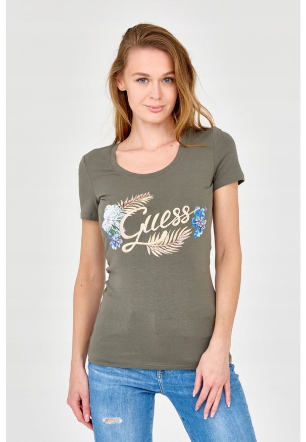 Guess - GUESS Damski zielony t-shirt ze zdobionym logo, Rozmiar XS. Kolor: zielony. Materiał: bawełna. Wzór: aplikacja
