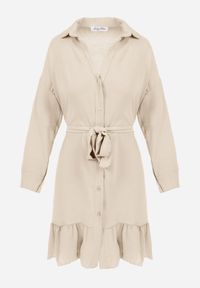 Born2be - Beżowa Sukienka Koszulowa z Falbanką i Wiązanym Paskiem Fian. Kolor: beżowy. Materiał: materiał. Długość rękawa: długi rękaw. Typ sukienki: koszulowe. Styl: klasyczny. Długość: mini #5