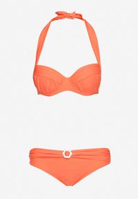 Renee - Pomarańczowe Bikini Stanik Wiązany na Szyi z Usztywnieniem Majtki z Metalową Ozdobą Ilefia. Kolor: pomarańczowy. Wzór: aplikacja #2