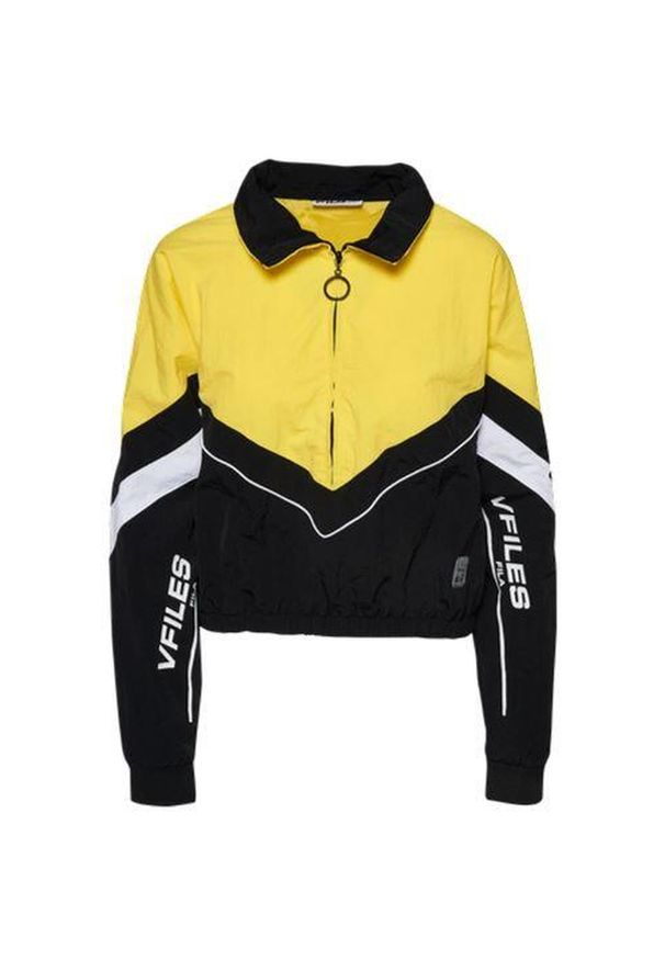 Fila Retro Crop wiatrówka żółta unisex. Kolor: żółty, czarny, wielokolorowy, biały. Materiał: nylon. Długość: krótkie. Sezon: zima. Sport: bieganie