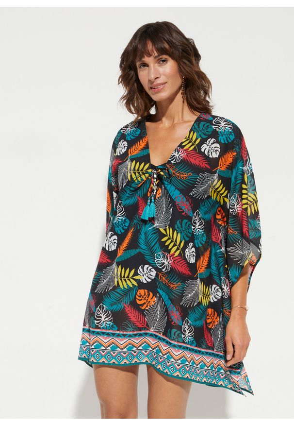 bonprix - Sukienka tunikowa plażowa z szyfonu. Okazja: na plażę. Kolor: czarny. Materiał: szyfon. Długość: mini
