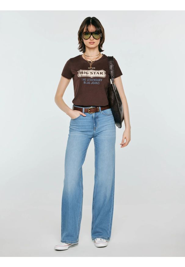 Big-Star - Koszulka damska z linii Authentic z logo BIG STAR brązowa Rissmelna 804. Okazja: na co dzień. Kolor: brązowy. Materiał: dzianina. Wzór: nadruk. Sezon: zima, jesień. Styl: casual, klasyczny