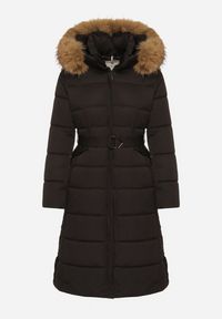 Born2be - Czarna Długa Kurtka Pikowana z Kapturem z Futerkiem i Paskiem w Talii Avesiia. Okazja: do pracy, na spotkanie biznesowe. Typ kołnierza: kaptur. Kolor: czarny. Materiał: futro. Długość: długie. Styl: biznesowy #3