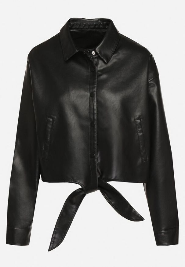 Born2be - Czarna Kurtka z Ekoskóry w Stylu Koszuli z Wiązaniem na Napy Braleth. Okazja: na co dzień. Kolor: czarny. Materiał: jeans. Długość rękawa: długi rękaw. Długość: długie. Styl: młodzieżowy, elegancki, casual