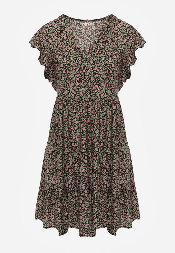 Renee - Czarna Sukienka Phaerica. Typ kołnierza: kokarda. Kolor: czarny. Materiał: wiskoza, materiał, jeans. Wzór: nadruk, kwiaty. Długość: mini