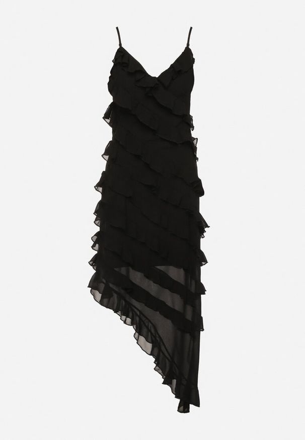 Born2be - Czarna Asymetryczna Sukienka Ozdobiona Falbankami Linariela. Typ kołnierza: kołnierz z falbankami. Kolor: czarny. Długość rękawa: na ramiączkach. Wzór: aplikacja. Typ sukienki: asymetryczne. Styl: elegancki